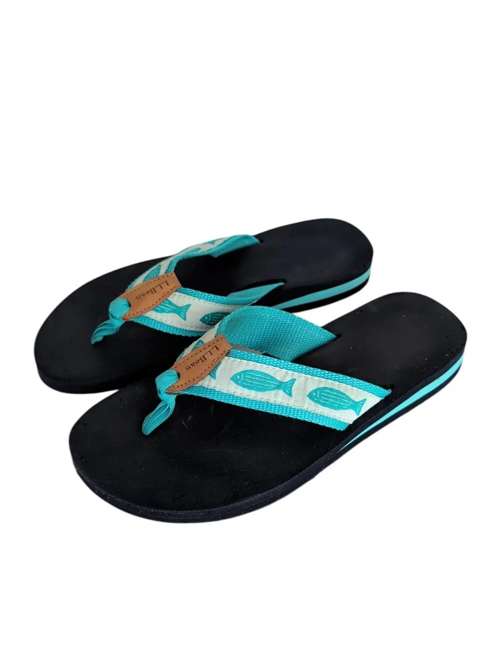 L.L. Bean Original Maine Isle Flip Flops Sandals 6M Aqua Fish Motif